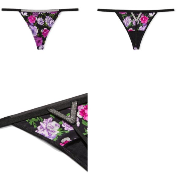 VS Very Sexy Bombshell Shine V-String Panty Purple Black Floral Thong NWT - Picture 13 of 16